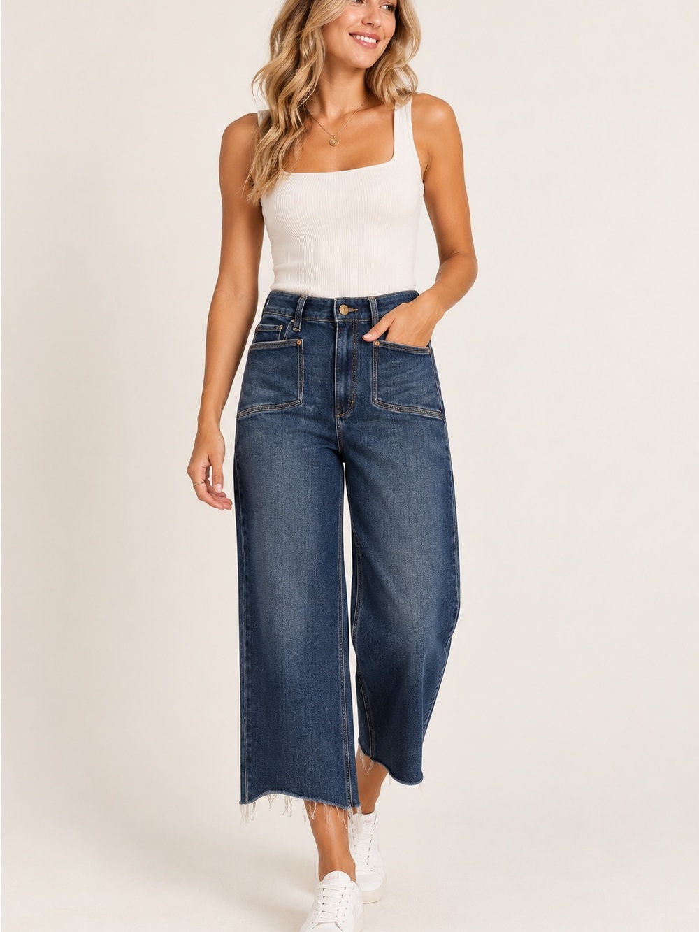 PAIGE Anessa Dark Blue High-Rise Wide Leg Raw Hem Cropped Jeans